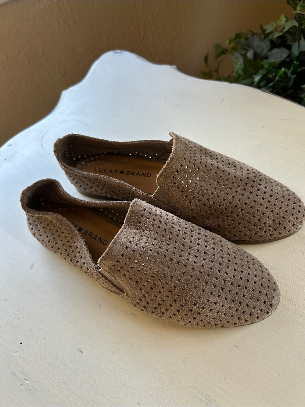 Lucky Brand Women’s Perforated Leather Suede Taupe Slip-On Loafers